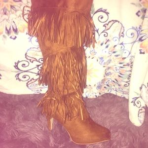 Cognac Fringed Knee Boots